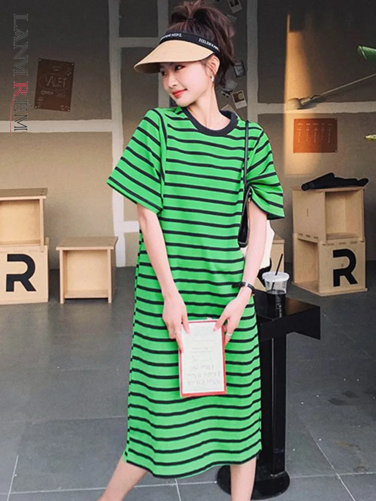 LANMREM Designer Striped Dress Women's Round Neck Short Sleeves Color Block Straight Dresses Female Clothing 2023 New 2YA1782