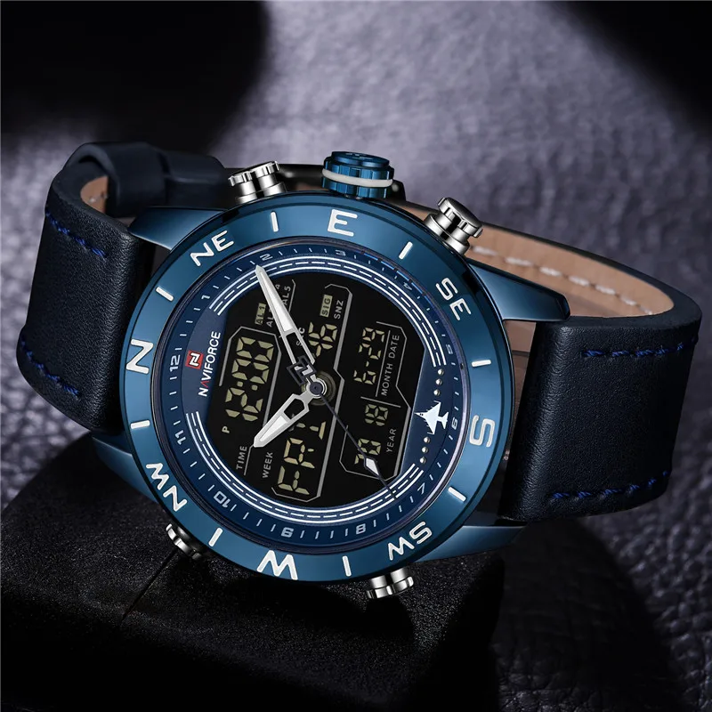 Часы NAVIFORCE мужские цифровые спортивные Роскошные военные с кожаным ремешком
