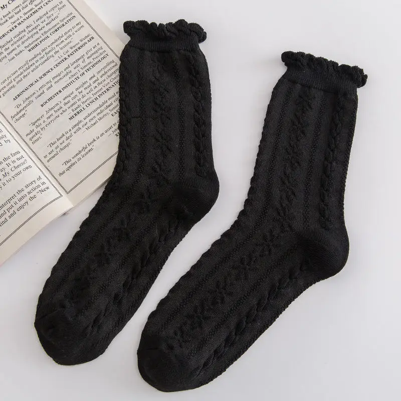 

12Pairs Spring Summer Ladies Black White Socks Short Middle Tube Socks Ins Tide Cute Japanese Lace Long Stockings Casual