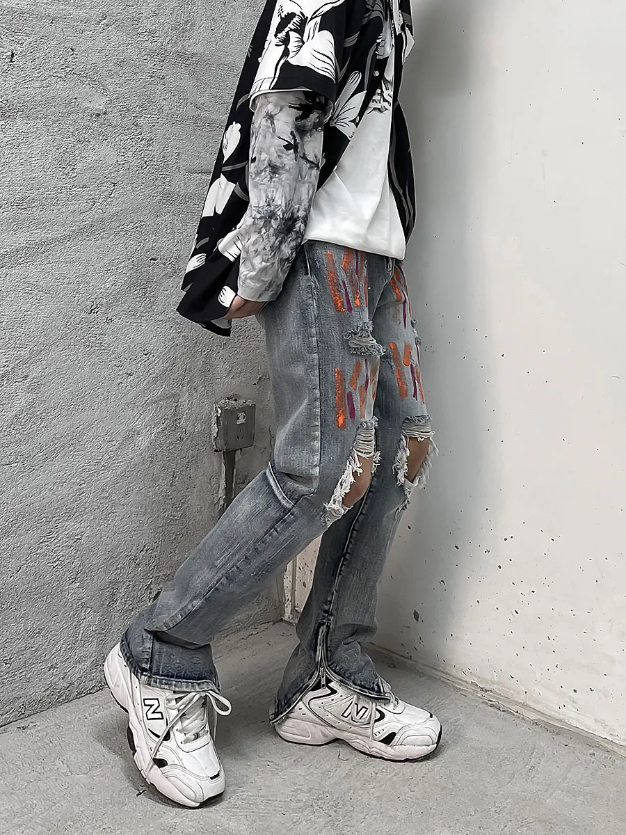 Four Seasons Men's Jeans High Street Tide Brand Ripped Jeans Men's Fashion Hip Hop Slim Small Feet Graffiti Pants Ins Hot Sale