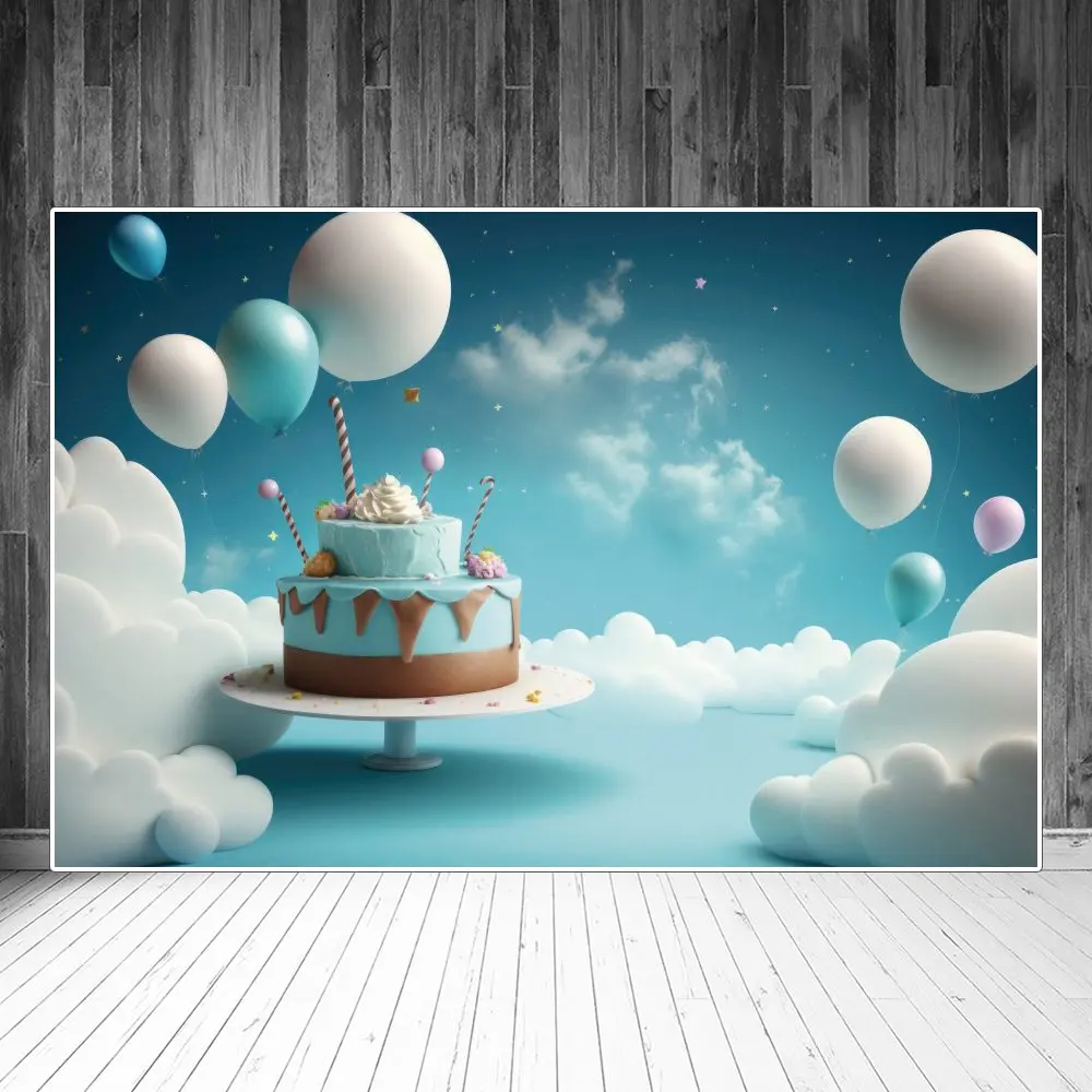 

Blue Birthday Party Backdrops Photography Decors Stars Sky White Clouds Balloon Personalized Baby Photobooth Backgrounds Props