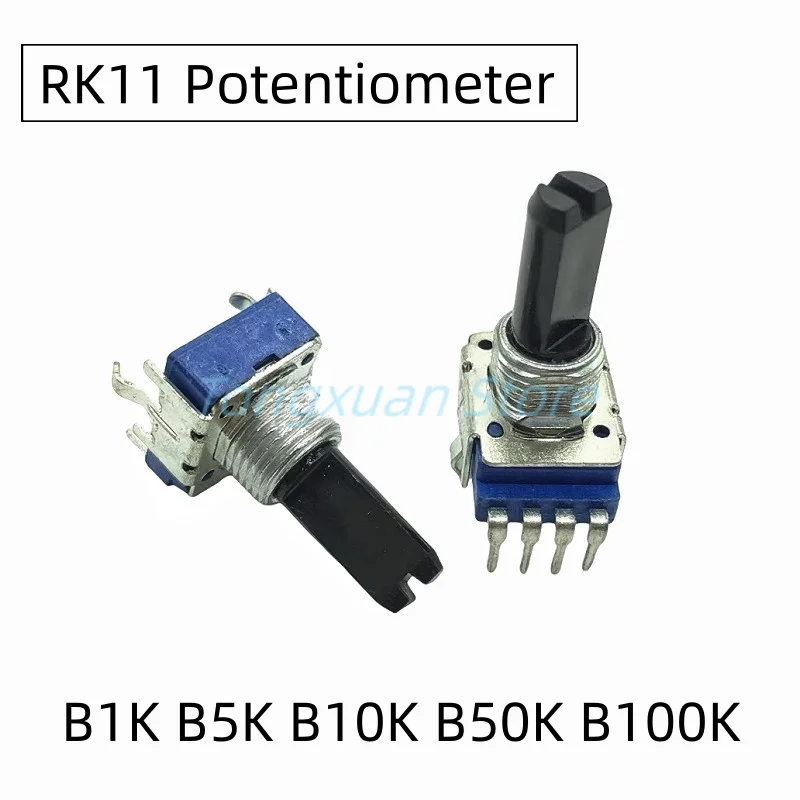 

2 шт. RK11 Потенциометр B1K 5K 10K 50K 100K 250K Одиночный блок, 4 контакта, микшерная консоль, объемный усилитель, длина ручки 18 мм, полувал