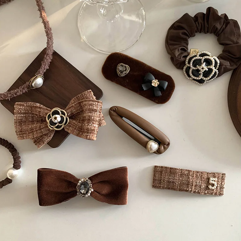 

Girl Charming Coffee Plaid Hair Clip Bow Knot Headdress Women Elegant Camellia Hairpin Lady Retro Bow Barrettes Hair Accessories