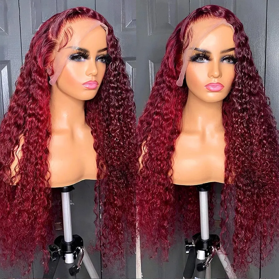 

Deep Wave 99J Burgundy Lace Front Wig 13x4 Transparent Water Wave Lace Frontal Wig Red Curly Colored Human Hair Wigs For Women