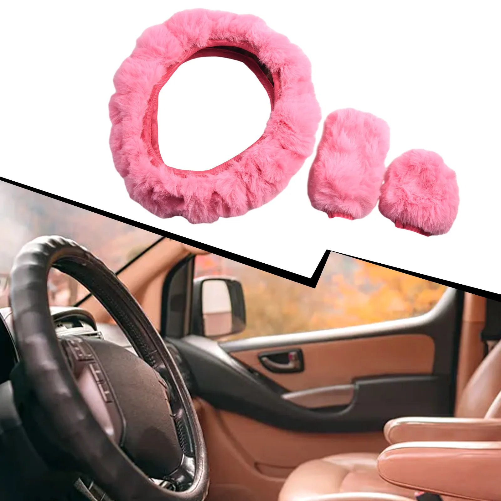

3pcs/set Fur Fluffy Thick Auto Car Steering Wheel Plush Cover Soft Wool Winter 38cm Universal Warm Faux Wool