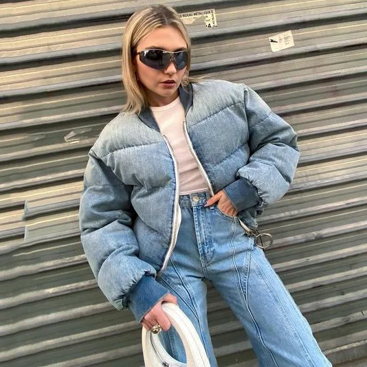 Short Sections of Cotton Clothing Female 2022 Autumn and Winter New Pull Round Collar Warm Collision Color Splicing Jacket