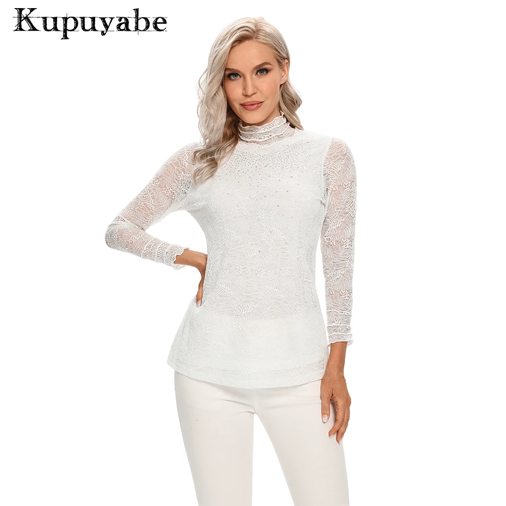 

KUPUYABE Women's T-Shirt Fall Polyester Long Sleeve Ruffle Neck Lace Sleeve T-Shirt Casual Top