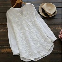 spring long sleeve tops women vintage embroidery blouse casual o neck cotton linen blusas femininas shirt mujer