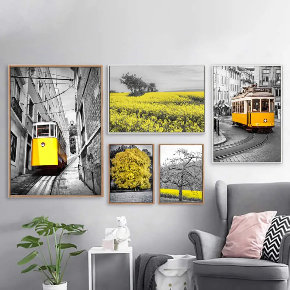 Nordic Landscape Fashion Canvas Painting Poster Pastoral Style Yellow Tram Wall Picture For Living Room Home Decor Scandinavian |