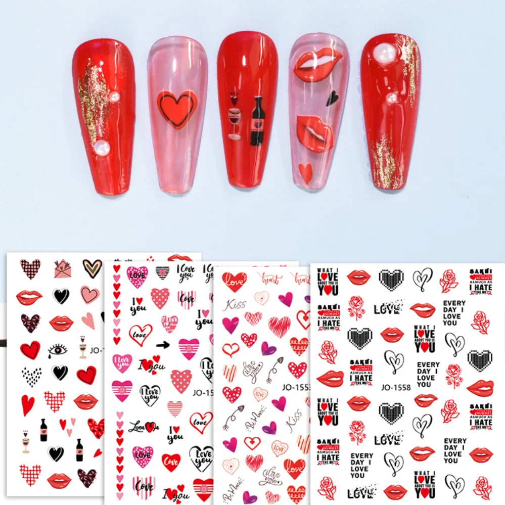 

3D Cute Cartoon Nail Stickers Red Heart Lover Design Valentine Manicure Charms Sliders Decals Nail Art Decoration Sticker Tips