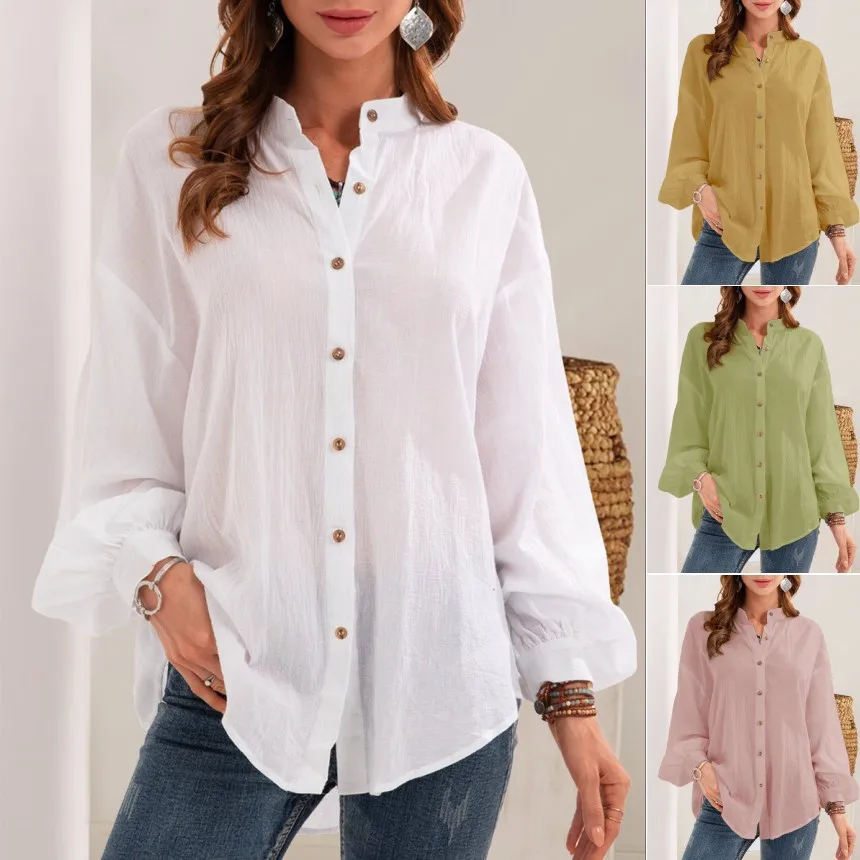 

2021 Women's Spring and Summer New Long-sleeved Shirt Cotton Linen Cardigan Stand-up Collar Casual Shirt
