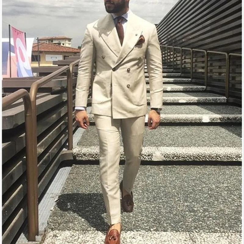 2022 Latest Coat Pant Designs Ivory Beige Double Breasted Men Suit Formal Slim Fit Gentle Blazer Custom 2 Piece mens suits Terno