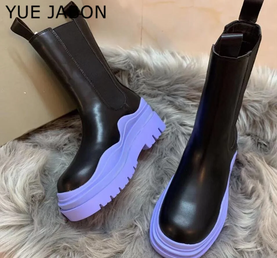 Western Women Leather Ankle Boots Platform Thick Sole Women's Winter Fashion Motorcycle Shoes Purple Green Pink