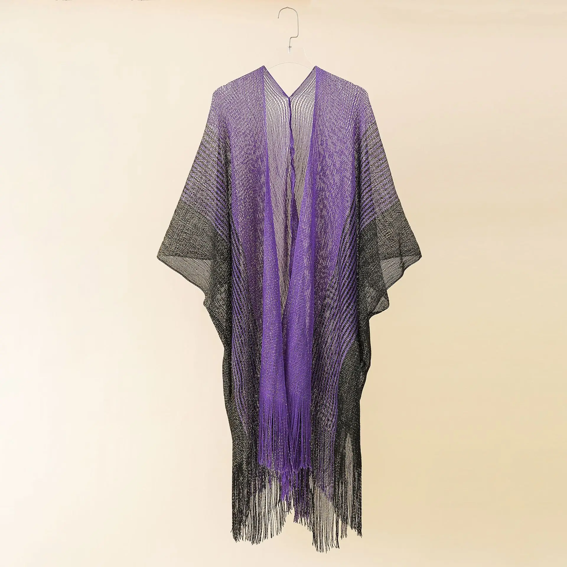 

2021 Summer New Color Matching Striped Tassel Shawl Hollowed Out Gold Wire Cardigan Coat Sunshade Cloak Poncho Capes Purple