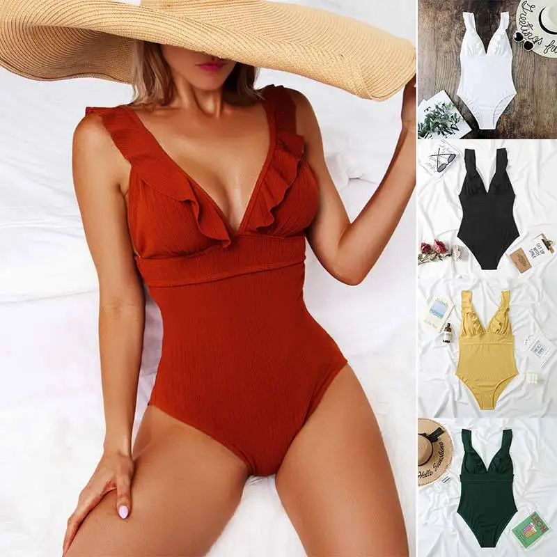 

New Sexy European and American One-Piece Bikini Solid Color Flying Collar Swimsuit for Women