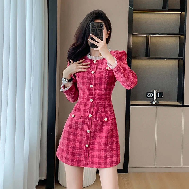 

Small Fragrance Pink Plaid Mini Dress Female 2023 New Long-sleeved Korea Chic Sweet Tweed Fashion Short Dress Autumn Winter