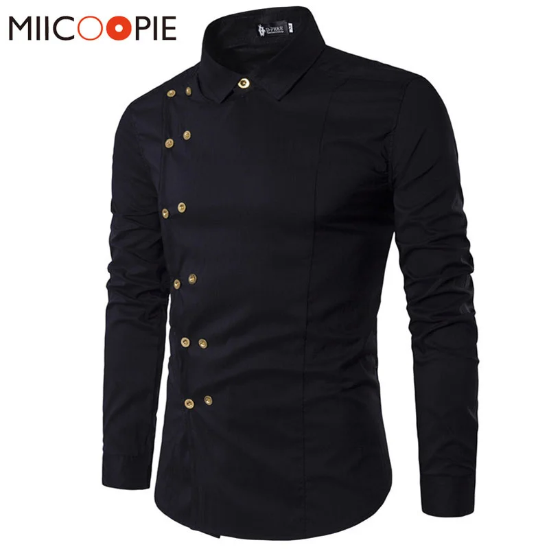 

Sprin Sirts Men Personality Oblique Button Irreular Double Breasted Men Lon Sleeve Camisa Masculina Male Slim Fit Sirt