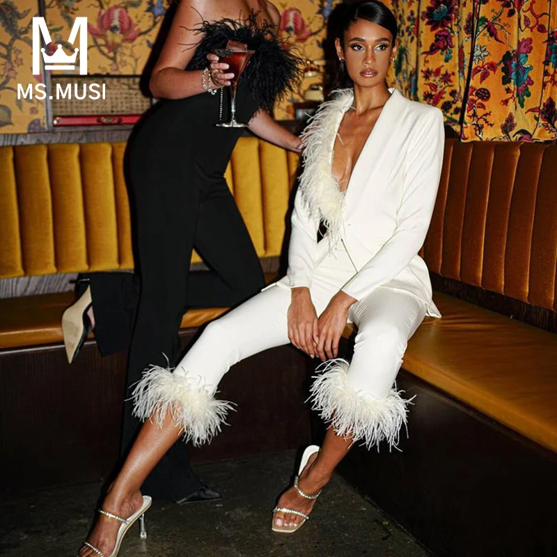 MSMUSI 2024 новый модный женский сексуальный комплект из двух предметов с перьями