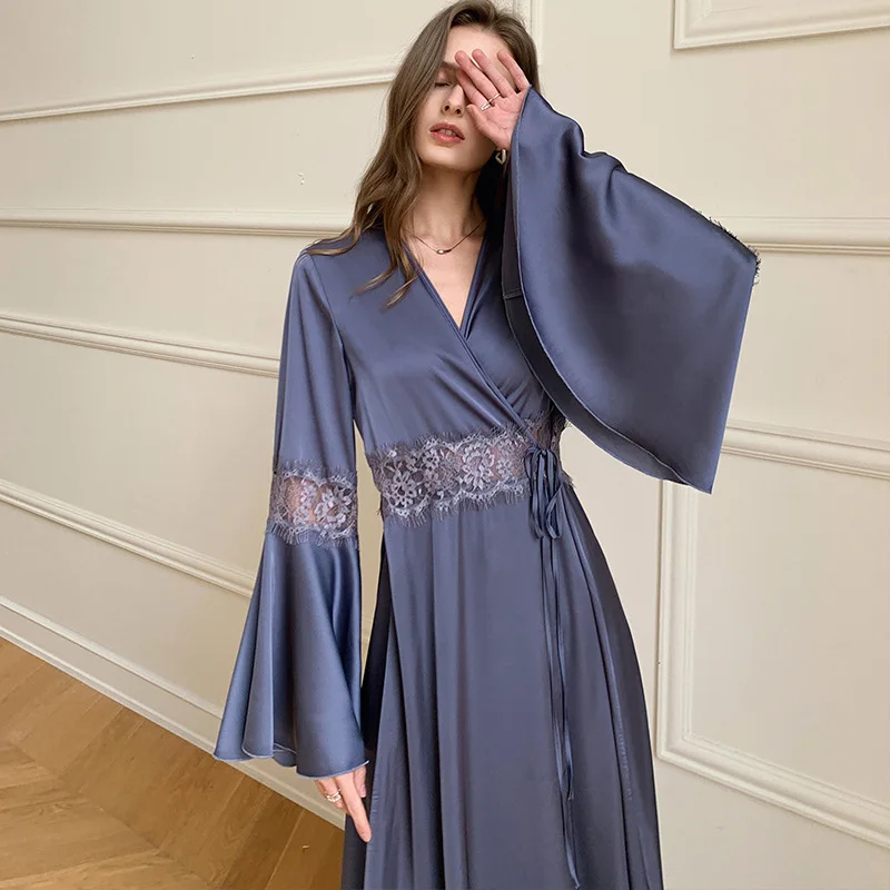 Women's Summer Robe Silk Satin Long Flare Sleeve Sleepwear Sexy Lace Patchwork Nightwear French Elegant Backless Kimono Bathrobe