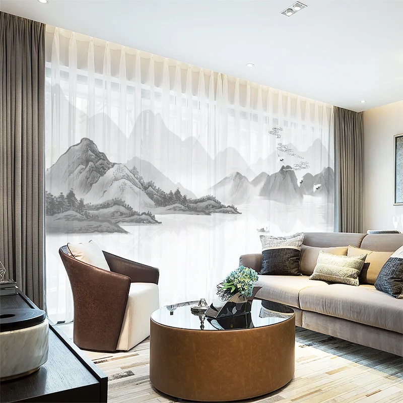 

Custom Chiffon Sheer Curtain Window Drape for Bedroom Living Room Mountain Hills River Boat Landscape Khaki Gray Brown Pink Blue