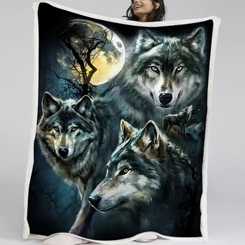 BlessLiving 3D Moon Wolf Sherpa Fleece Blanket Wild Animals Dreamcatcher Theme Blanket Super Soft Warm Portable For Home Travel 3
