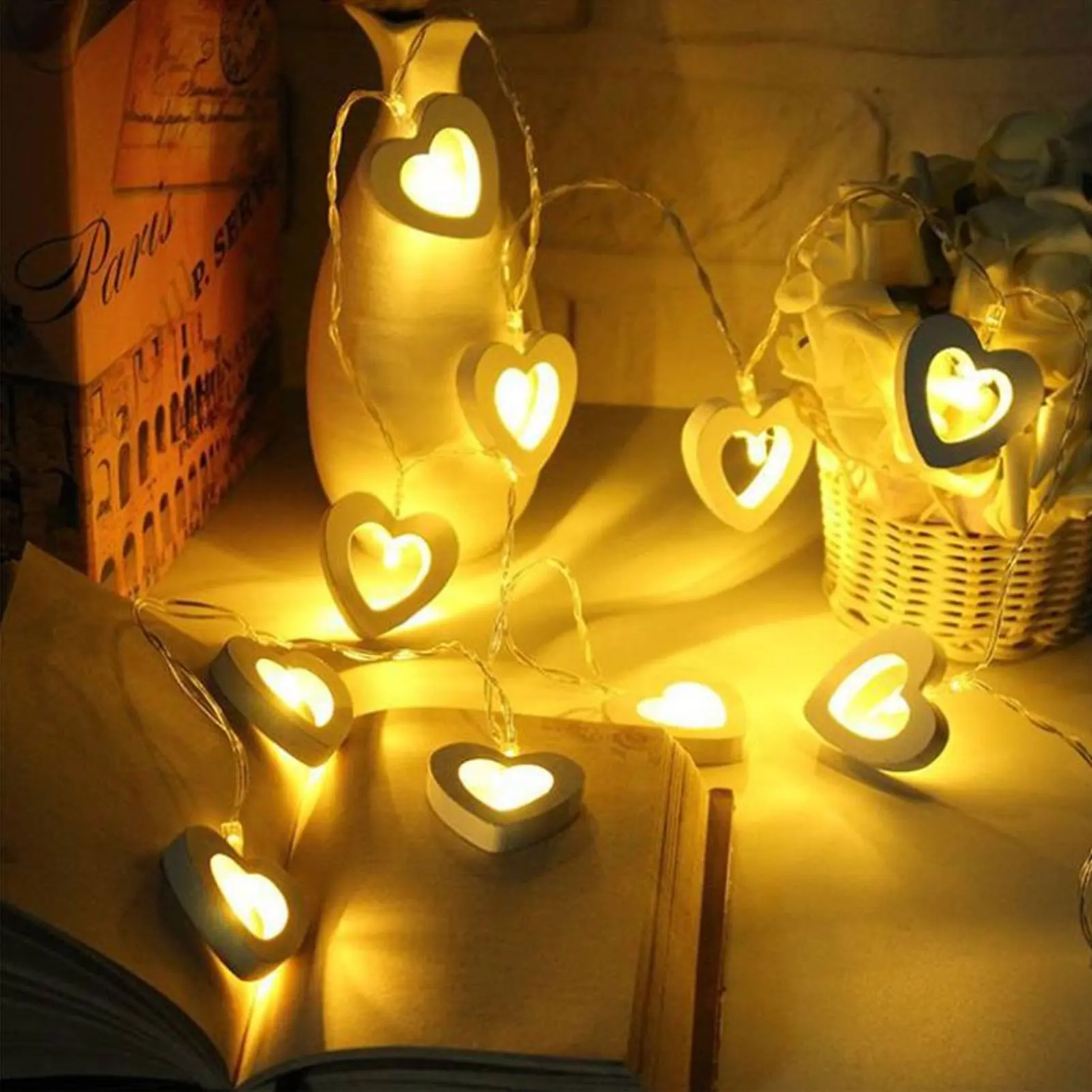 

Wooden Heart Shaped String Lights LED Fairy String Lights for Party Holiday Garland Home Garden Heart Light Wedding Supplies