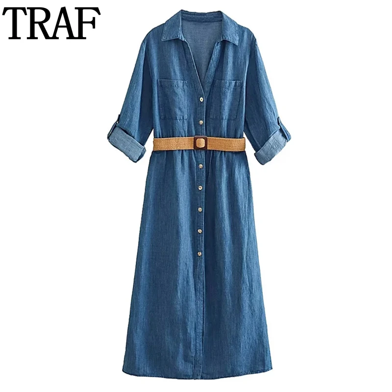 

Платье-рубашка TRAF женское с поясом, длинное повседневное элегантное платье средней длины с отложным рукавом, голубое, на лето, 2023