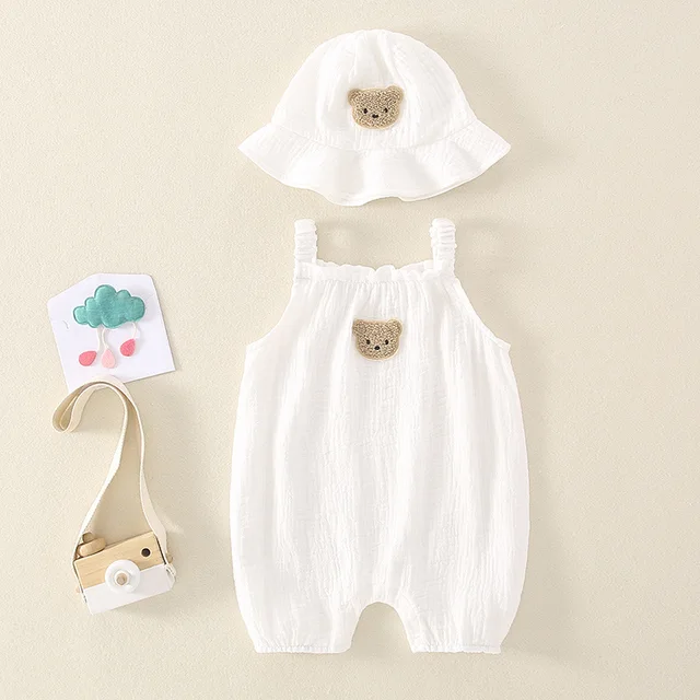 2PCS Summer Baby Clothes Set With Cap Toddler One Piece Cute Bear Sling Romper Fisherman Hat Infant Girl Boy Jumpsuit Outfit 4