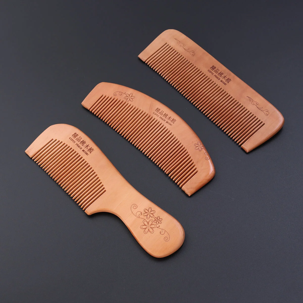 Combs Shape Square Handle Portable Carved Natural Peach Combs 3PCS