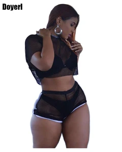 Женский комплект из двух предметов 2021 летний наряд черный прозрачный сетчатый короткий топ и короткие брюки с капюшоном сексуальный комплект из двух предметов