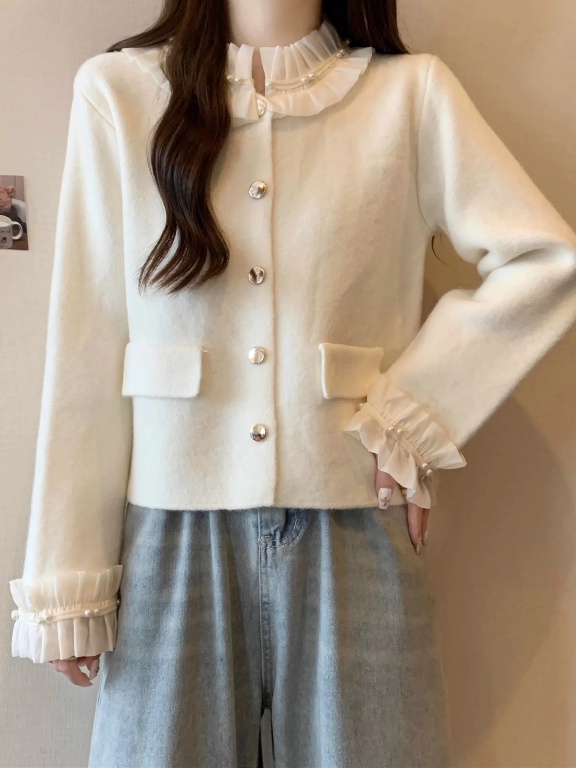 Женский вязаный кардиган с воротником из красного листа лотоса размера плюс 2024