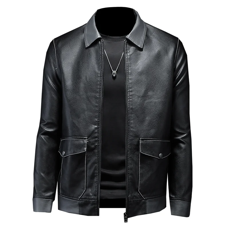 

2022 PU Leather Jacket Men Turn Down Neck Zipper Casual Winter Warm Top Blouse Thickening Coat Outwear Top Blouse Jacket S-4XL