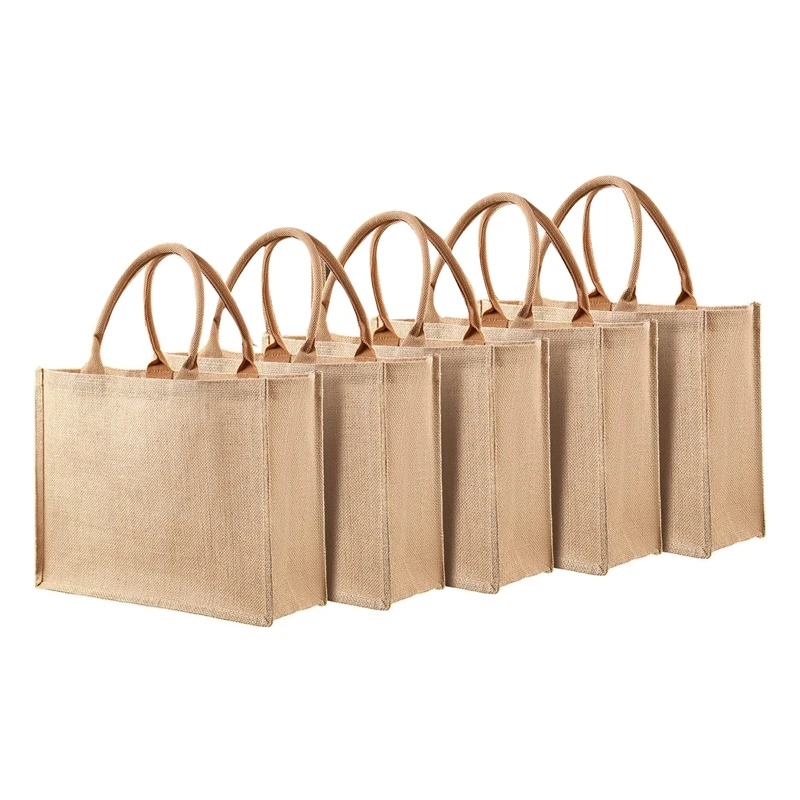 

5 Pack Burlap Tote Bag Set Jute Tote Bags With Handles Blank Large Burlap Reusable Grocery Bags For Bridesmaid