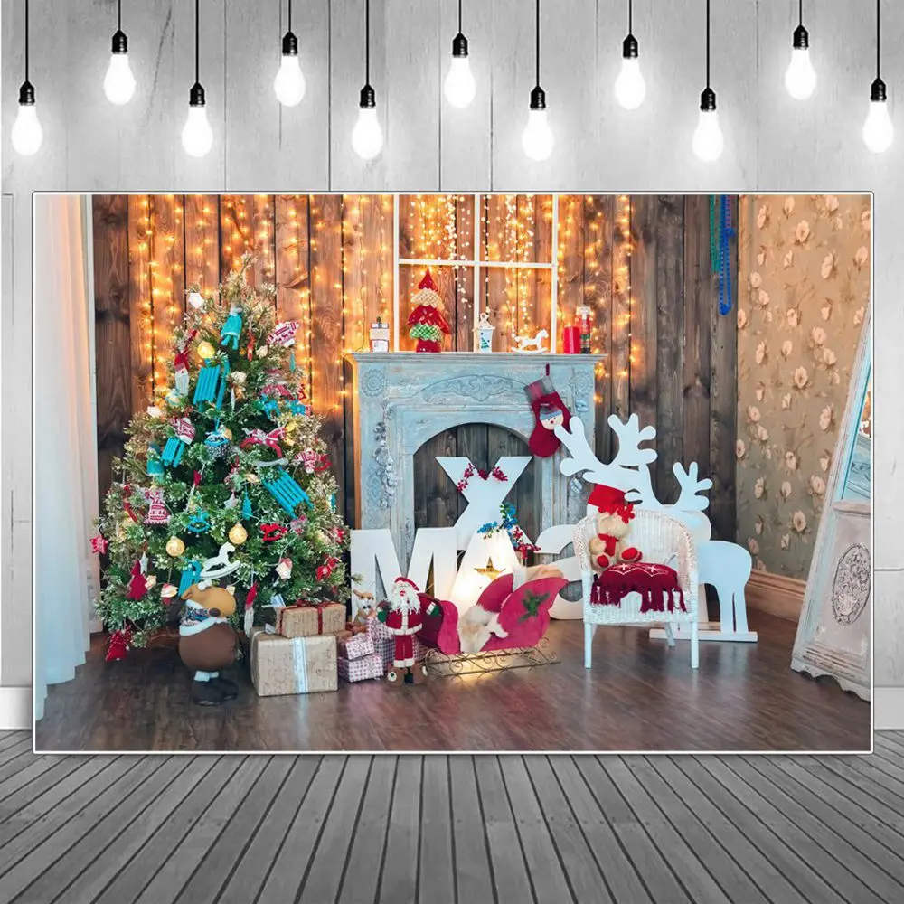 

Christmas Tree Ornament Fireplace Decoration Photography Backdrops Light Line Plank Boxes Reindeer Santa Claus Photo Background