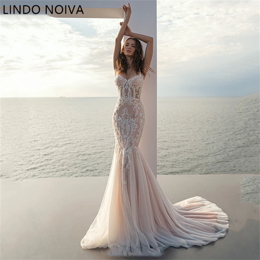 

Champagne Mermaid Wedding Dress 2022 Spaghetti Straps Appliqued Lace Bridal Dresses Boho Wedding Gowns Свадебное пл