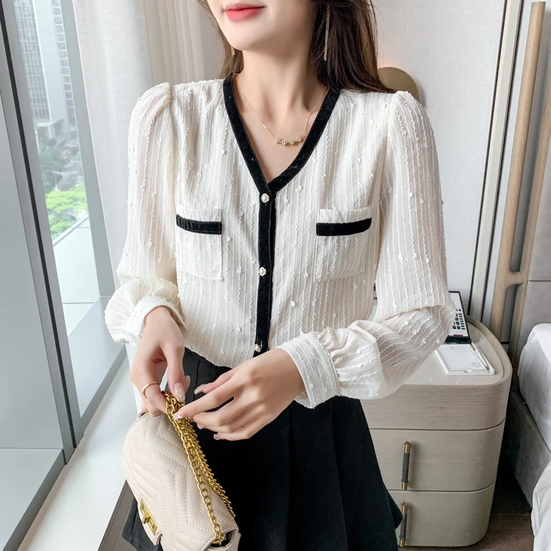 

Блузка Estceque женская с V-образным вырезом, Модная элегантная тонкая шифоновая рубашка на пуговицах, с длинным рукавом, весна-лето 2022