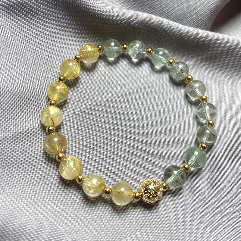 

Natural Gold Rutilated Quartz/Ghost Phantom Quartz Crystal Bracelet Woman Wealthy Titanium Round Beads Jewelry