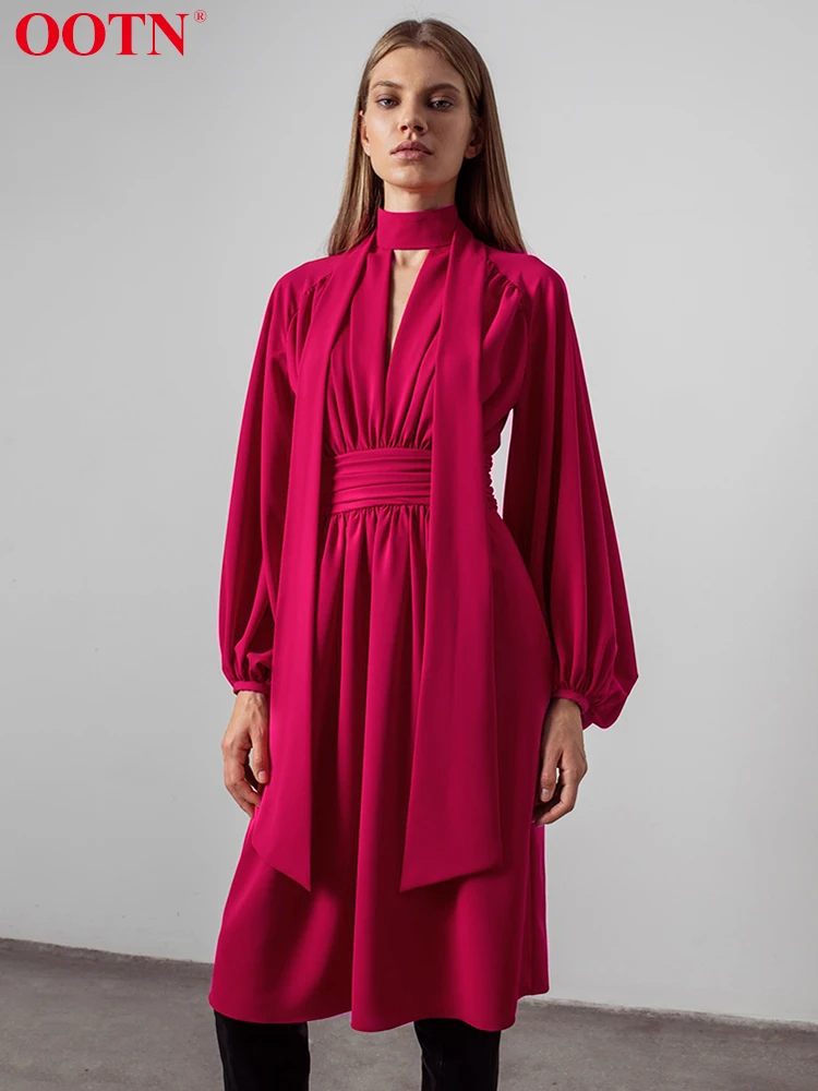 

OOTN Christmas Low Cut Party Dress Bow Collar Lace Up Hollow Out Pleated Chiffon Dress Lantern Sleeve A-Line Autumn Midi Dress