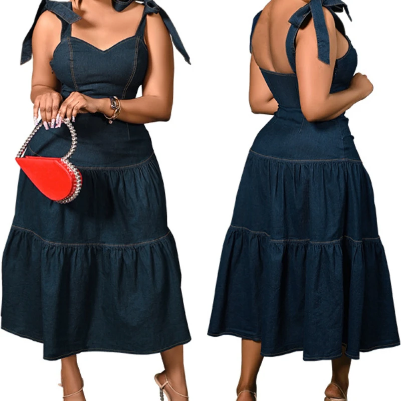 Женское джинсовое платье без рукавов свободное винтажное однотонное с разрезом