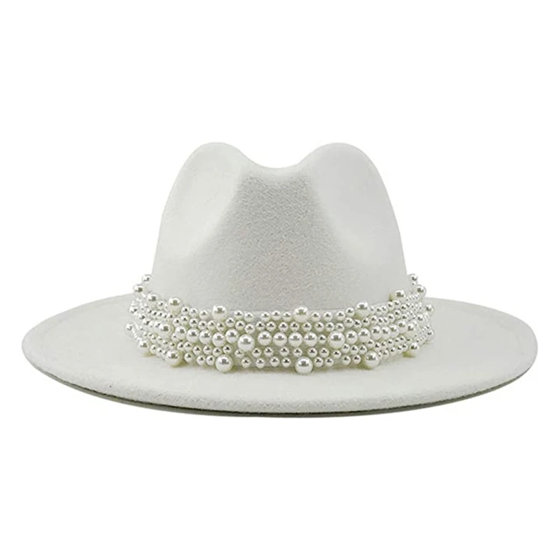 

Jazz Fedora Hats With Pearl Beads Decor Jazz Hat Wide Brim Church Hat Jazz Party Props For Photo T8NB
