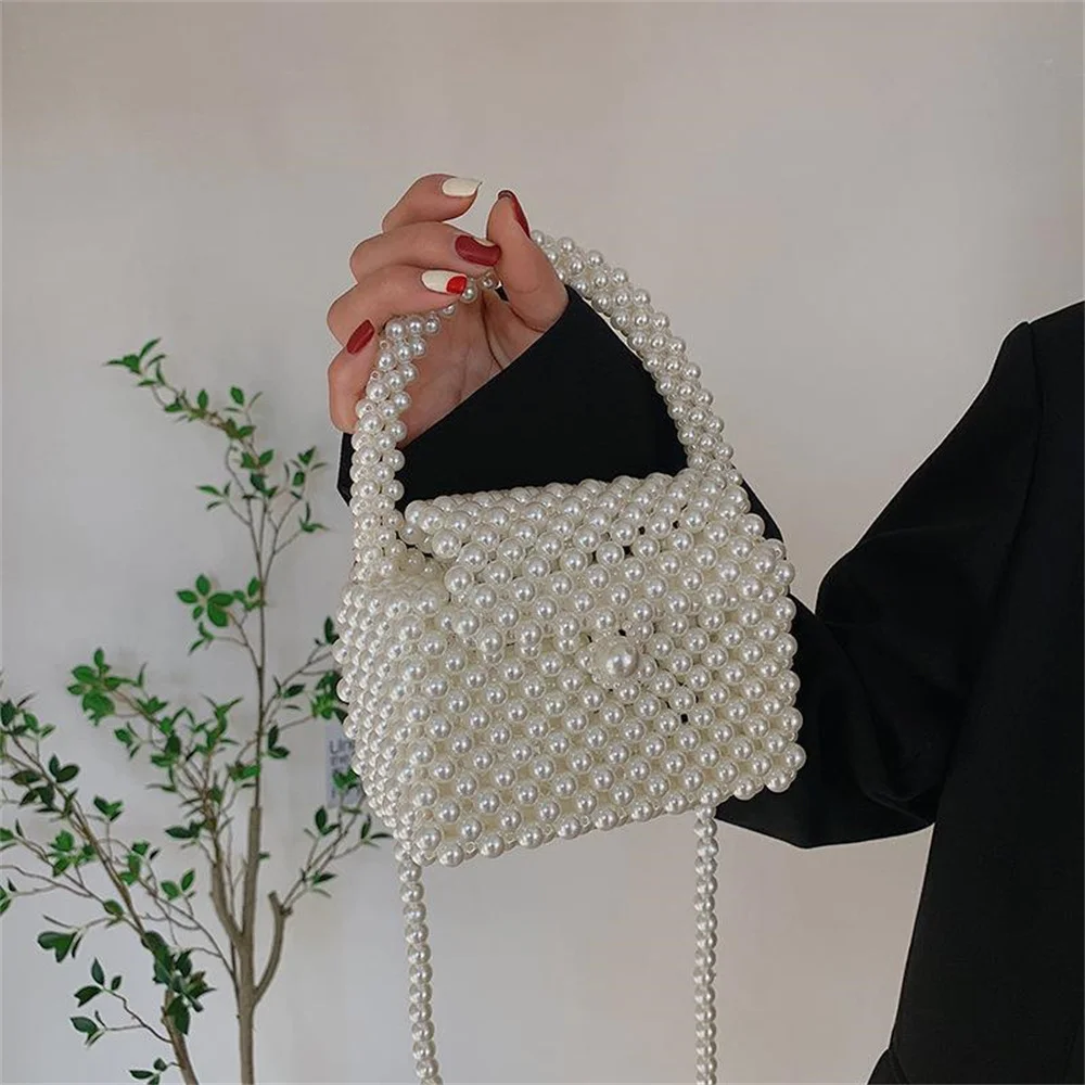 

Pearl Bags Handmade EVA Beaded Flap Pearl Bag Woven Korean Small Coin Purses Shoulder Phone Bags Clutch Banquet Party Coin Purse