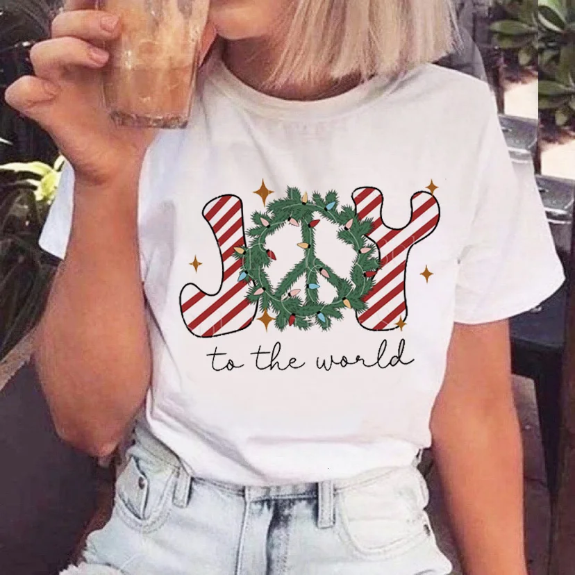 

Merry Christmas And New Year White Female Lettering T-shirt Fashion Christmas Costume Short Sleeve Kawaii Costume Women's T-shir