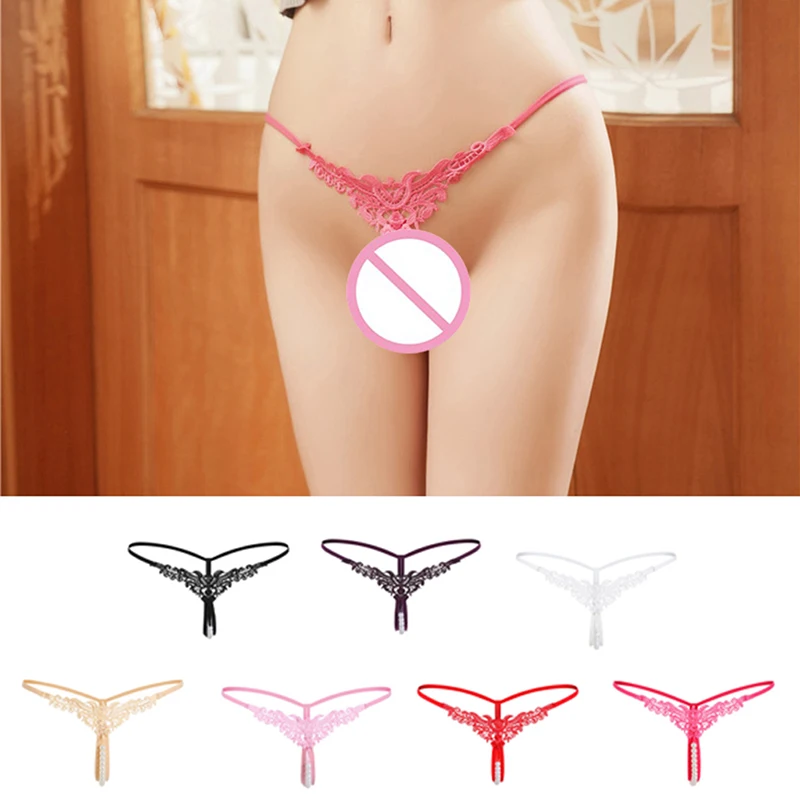 

Sexy Lingerie Womens Panties Lace Pearl Embroidery Open Crotch Briefs Thong Transparent T Pants Underwear Ladies Pantys