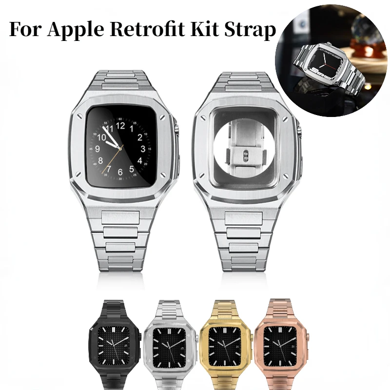 Metal Retrofit Kit Case Strap For Apple Watch Band 45mm 44mm High end stainless steel bracelet iWatch series 8 7 6 5 4 SE band