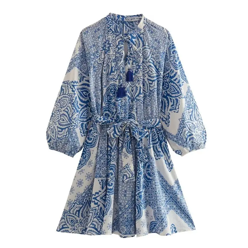 

Women 2023 New Chic Fashion Belt Printing Tassels Midi Dress Vintage Long Sleeve Female Dresses Vestidos Mujer