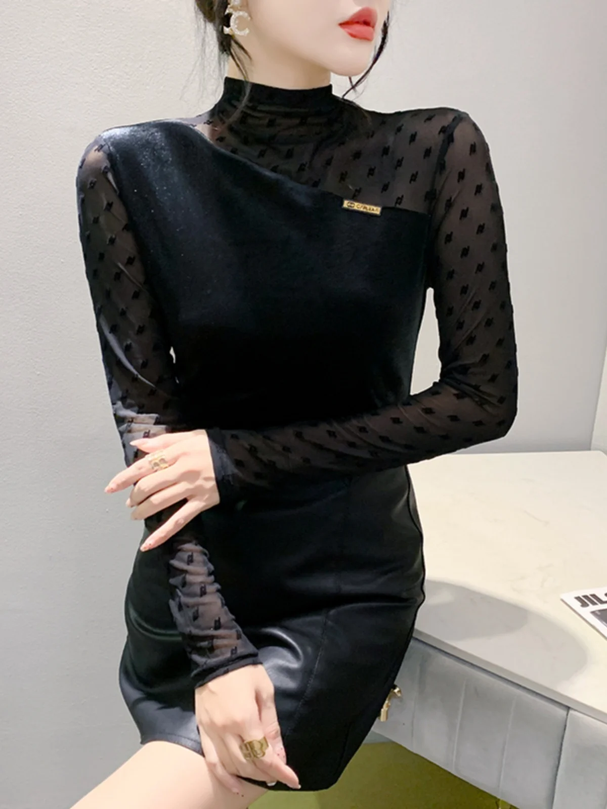 # 8992 Сетчатая велюровая футболка с длинным рукавом женская тонкая винтажная