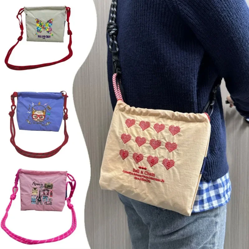 Kawaii Ball Chain Mini Canvas Shoulder Bag Cartoon Series Foldable Girl Oxford Large Capacity Embroidered Nylon