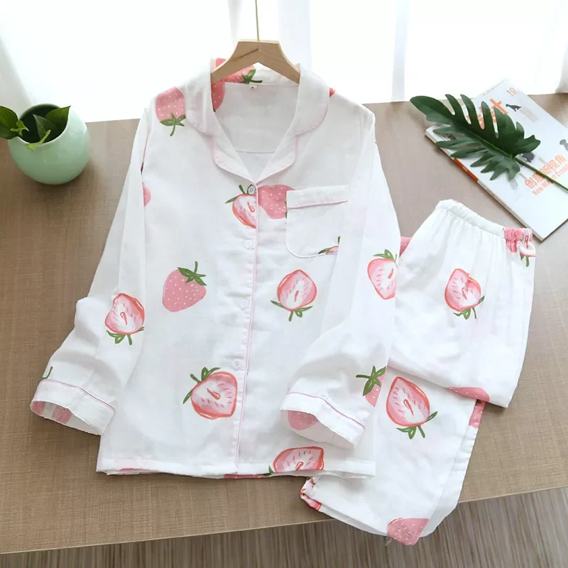 

Pajama Set Women Cotton Spring Autumn Turn Down Collar Ladies Sleepwear Single Breasted Print Long Sleeve 2Pcs Set with Pants
