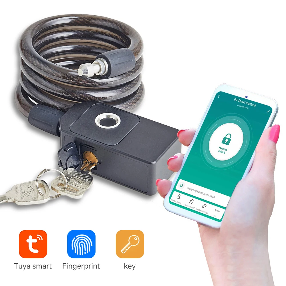 

Tuya Smart Fingerprint APP Remote Control Unlock Door Bike Steel Cable Lock USB Charge IP65 Waterproof Anti-Theft Bluetooth Lock