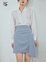 fsle elegant pleated high waist skirt women office lady blue short skirt spring summer vintage asymmetrical skirt female